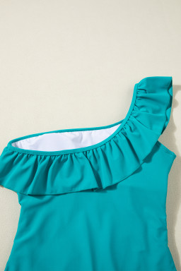 Skobeloff Solid Color Ruffle Trim Asymmetric Neck One Piece Swimsuit