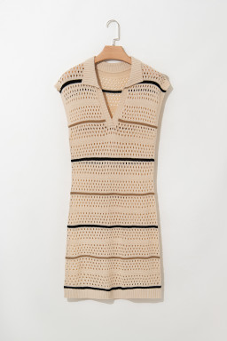 Apricot Beach Eyelet Crochet Knit Striped Detail Polo Tee Dress