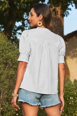 Gray Stripe Shirred Detail V Neck Puff Half Sleeve V Neck Blouse