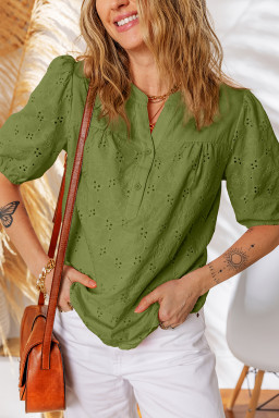Vineyard Green Lace Crochet V Neck Half Sleeve Embroidery Button Down Blouses Casual Shirts