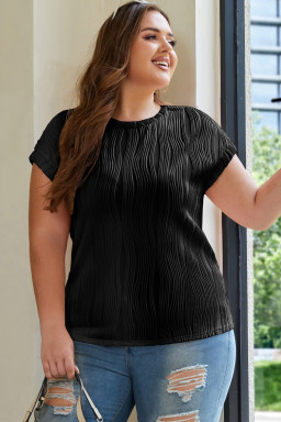 Black Solid Color Wavy Textured Plus Size Tee