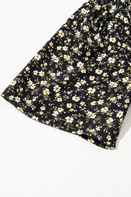 Black Floral Print Wrap V Neck Short Sleeve High Waistband Mini Dress