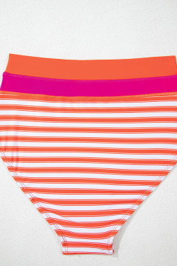 Orange Stripe Color Block Patchwork Cross Straps High Waist Bikini Swimsuit