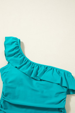 Skobeloff Solid Color Ruffle Trim Asymmetric Neck One Piece Swimsuit