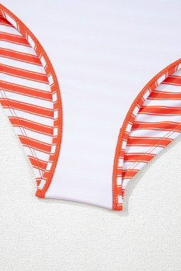 Orange Stripe Color Block Patchwork Cross Straps High Waist Bikini Swimsuit