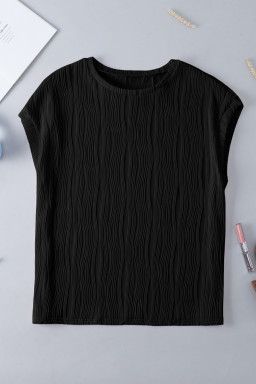 Black Solid Color Wavy Textured Plus Size Tee