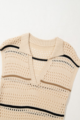 Apricot Beach Eyelet Crochet Knit Striped Detail Polo Tee Dress