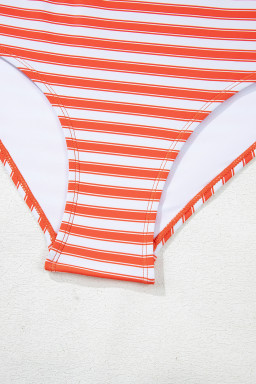 Orange Stripe Color Block Patchwork Cross Straps High Waist Bikini Swimsuit