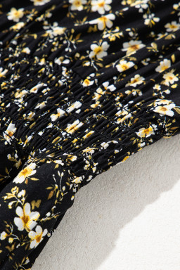 Black Floral Print Wrap V Neck Short Sleeve High Waistband Mini Dress