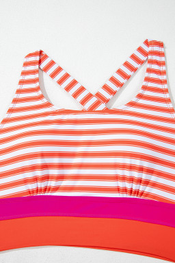 Orange Stripe Color Block Patchwork Cross Straps High Waist Bikini Swimsuit