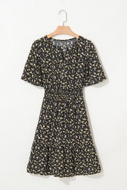 Black Floral Print Wrap V Neck Short Sleeve High Waistband Mini Dress
