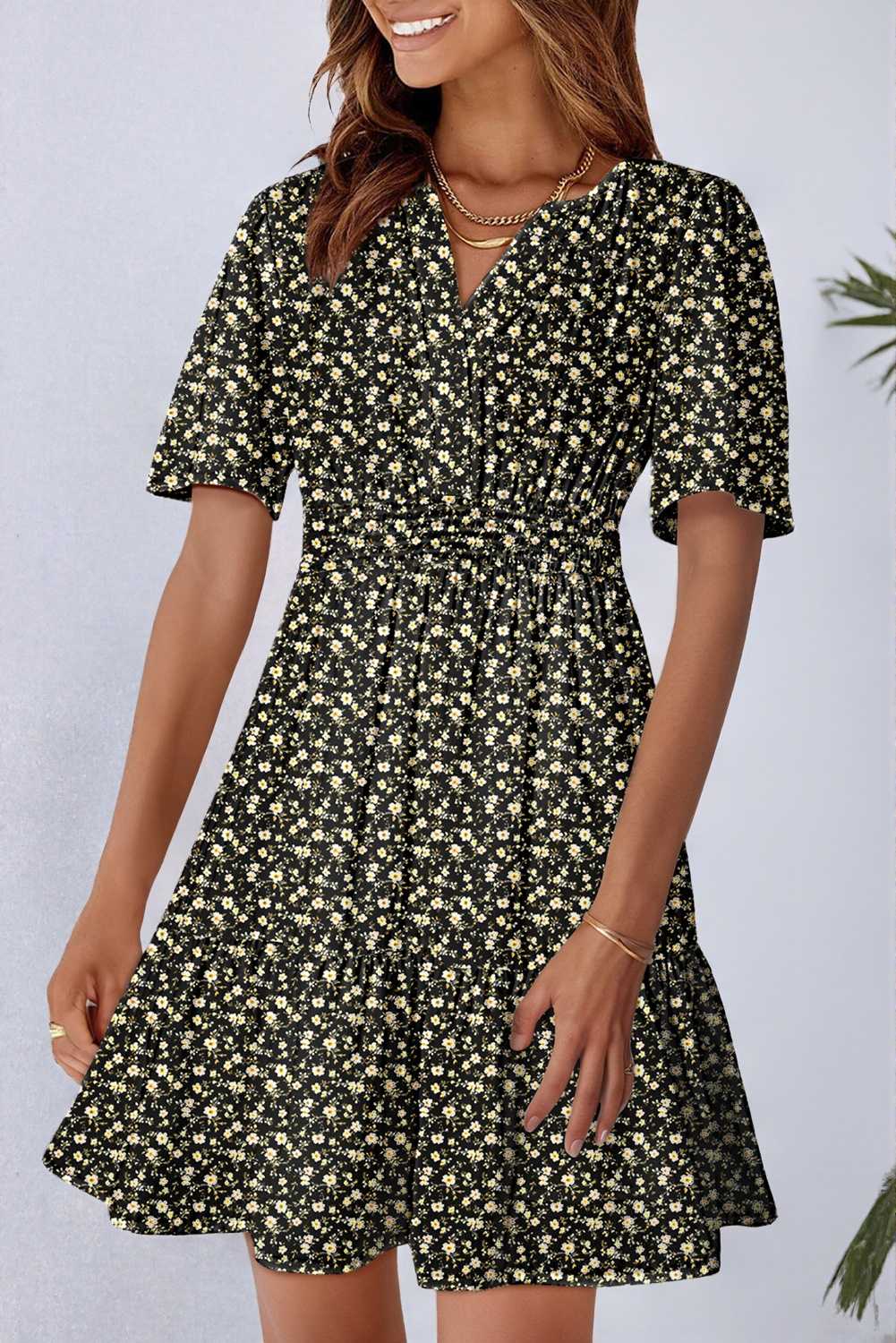 Black Floral Print Wrap V Neck Short Sleeve High Waistband Mini Dress