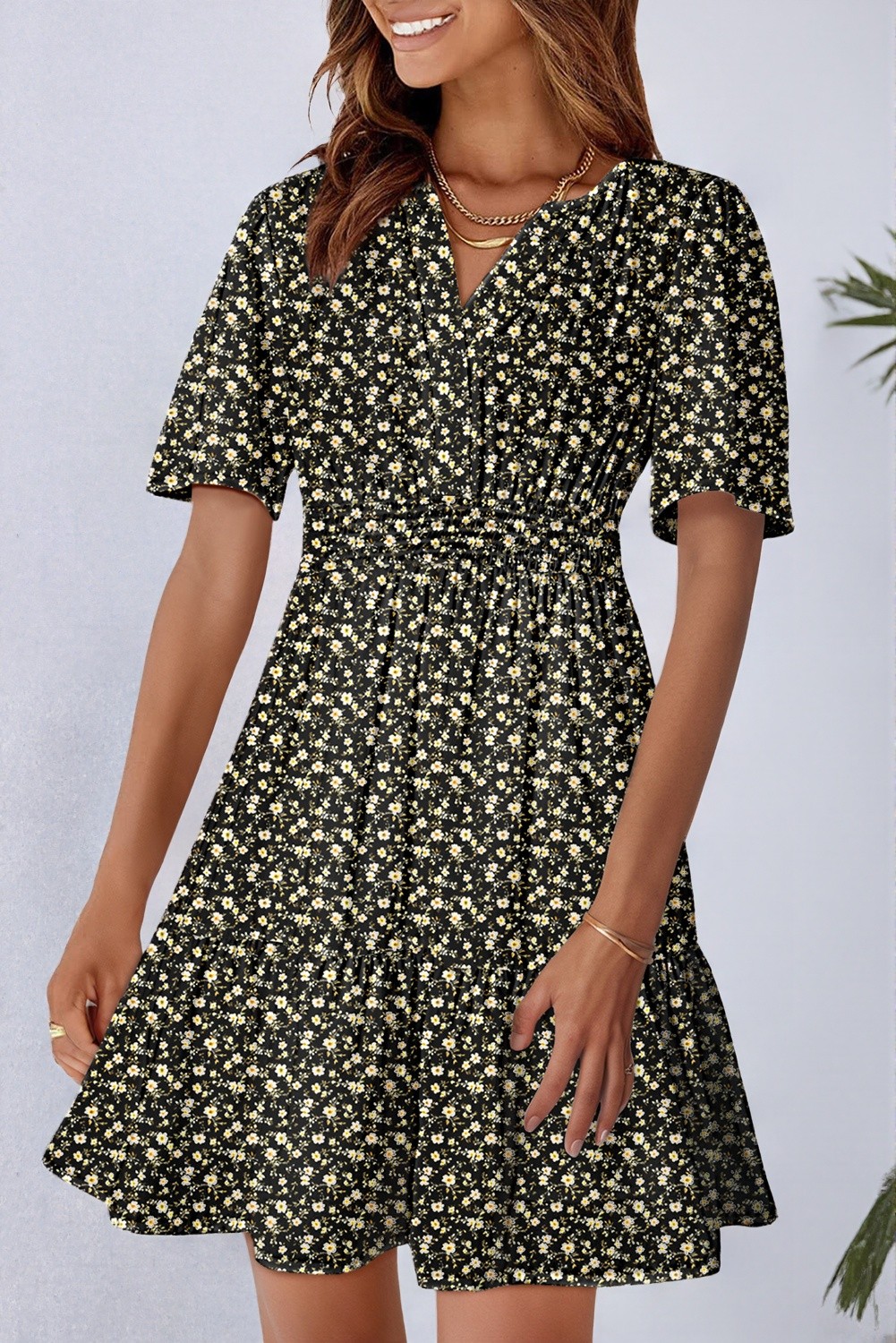 Black Floral Print Wrap V Neck Short Sleeve High Waistband Mini Dress