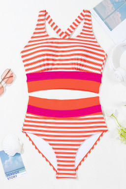 Orange Stripe Color Block Patchwork Cross Straps High Waist Bikini Swimsuit