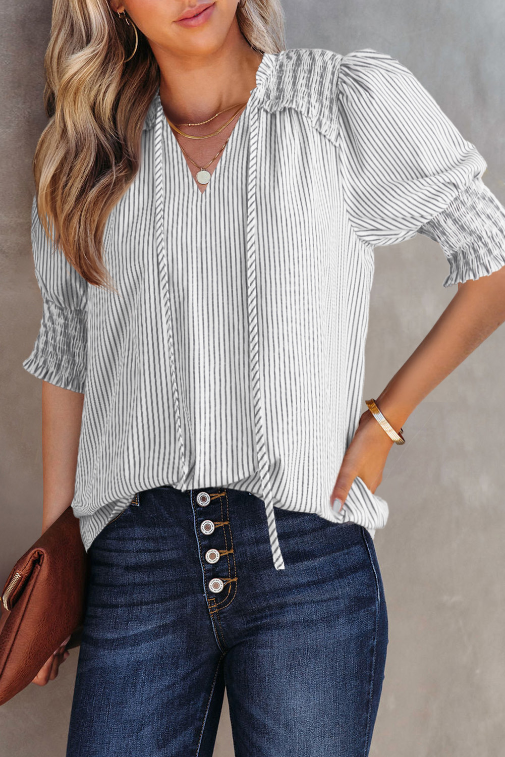 Gray Stripe Shirred Detail V Neck Puff Half Sleeve V Neck Blouse