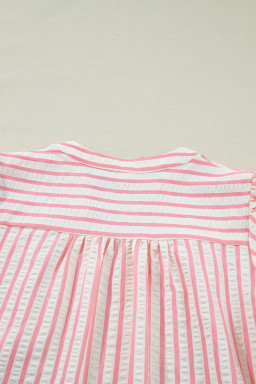 Pink Stripe Print Floral Embroidered Puff Sleeve V Neck Blouse