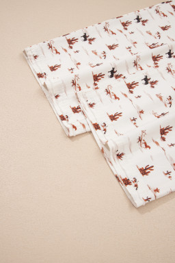 Beige Western Printed Button Adjustable Straps Loose Jumpsuit Dungarees