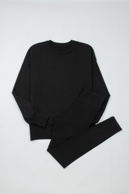 Black Solid Color Oversize Slit Sweatshirt Ribbed Leggings 2pcs Set