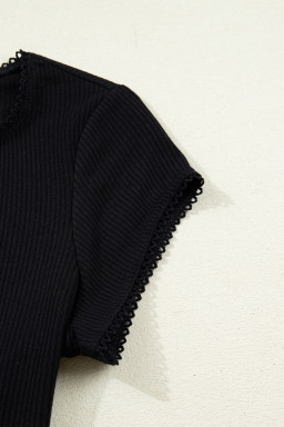 Black Solid Color Ribbed Knit Lace Trim Button Down Short Sleeve Top