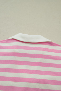 Pink Stripe Collar V Neck Ruffled Short Sleeve Blouse