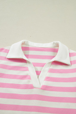 Pink Stripe Collar V Neck Ruffled Short Sleeve Blouse