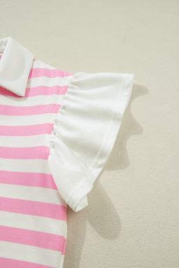 Pink Stripe Collar V Neck Ruffled Short Sleeve Blouse