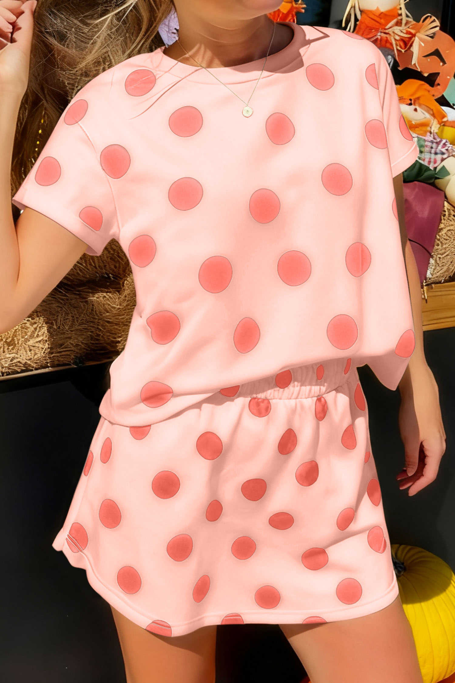 Pink Polka Dot Short Sleeve Top Mini Skirt 2pcs Outfit