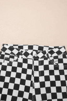 Black Checkerboard Print Distressed Holes Raw Edge Cropped Jeans