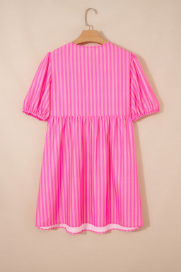 Rose Striped Print Bow Detail Short Puff Sleeve Mini Dress