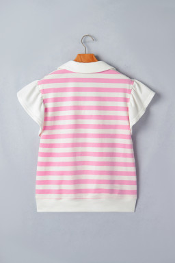 Pink Stripe Collar V Neck Ruffled Short Sleeve Blouse