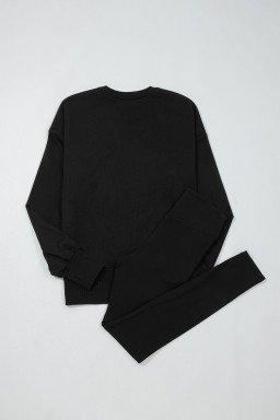 Black Solid Color Oversize Slit Sweatshirt Ribbed Leggings 2pcs Set