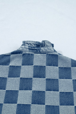 Beau Blue Checkered Ruffle Trim Button Down Denim Vest