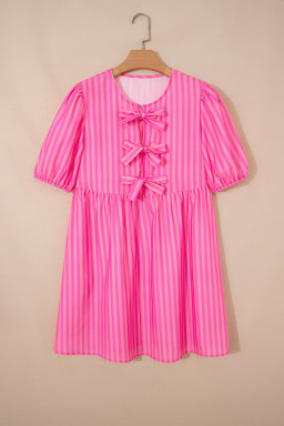 Rose Striped Print Bow Detail Short Puff Sleeve Mini Dress