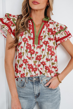 Red Floral Print Contrast Trim V Neck Double Ruffled Short Sleeve Blouse