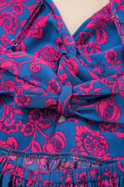 Blue Floral Print Twisted V Neck Tied Backless Maxi Dress