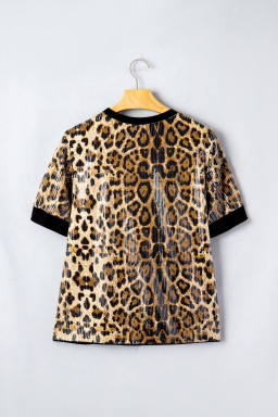 Brown Sequin Leopard Pattern Short Sleeve Top