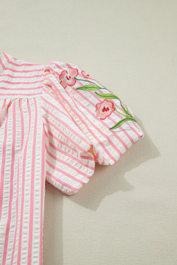 Pink Stripe Print Floral Embroidered Puff Sleeve V Neck Blouse