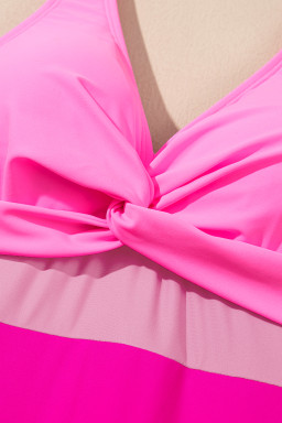 Sachet Pink V Neck Twisted Cutout Color Block One Piece Swimsuit