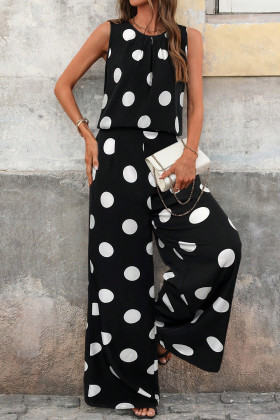 Black Polka Dot Print Pleated Round Neck Tank Casual Wide Leg Two-Piece Outfit