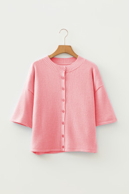 Peach Blossom 3/4 Sleeve Boxy Knit Button Down Sweater Cardigan