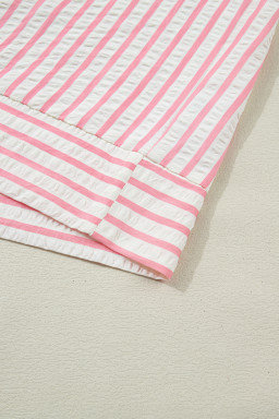 Pink Stripe Print Floral Embroidered Puff Sleeve V Neck Blouse