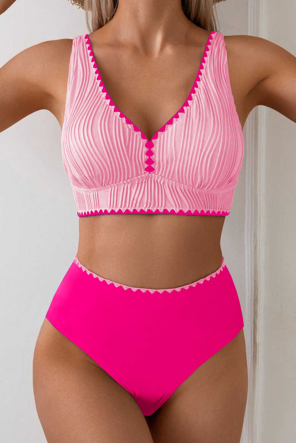 Pink Shell Stitched Trim V Neck Textured Mix and Match High Waist Bikinis