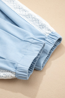 Beau Blue Lace Accent Floral Patched Pocket Pleated Wide Leg Slouchy Pants