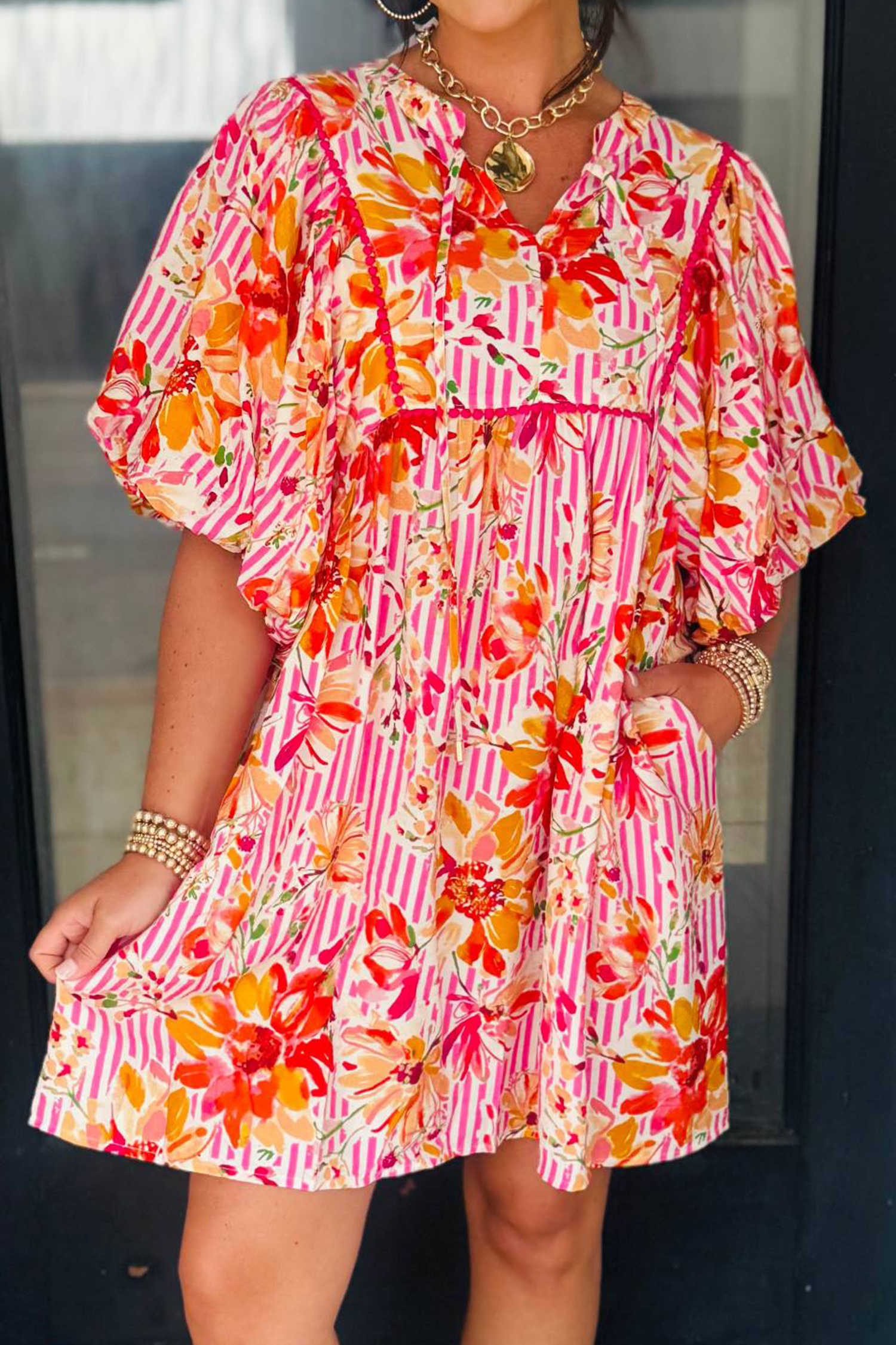 Pink Striped Floral Print Tie Neck Puff Sleeve Loose Mini Dress