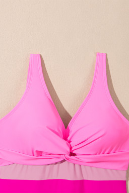 Sachet Pink V Neck Twisted Cutout Color Block One Piece Swimsuit