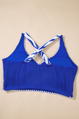 Dark Blue Shell Stitched Trim V Neck Textured Mix and Match High Waist Bikinis
