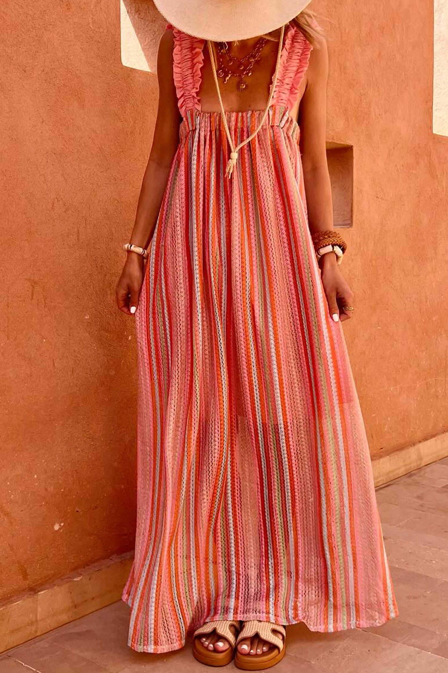 Pink Stripe Ruffled Straps Ribbon Knot Flowy Vacation Maxi Dress