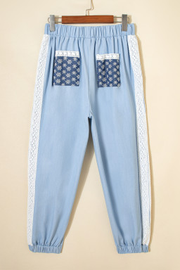 Beau Blue Lace Accent Floral Patched Pocket Pleated Wide Leg Slouchy Pants