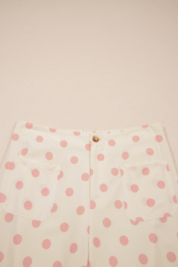 White Polka Dot Print Patched Pocket Mid-rise Straight Leg Pants