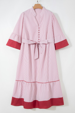 Red Stripe Plus Size Ruffled Hem Pinstriped Midi Dress